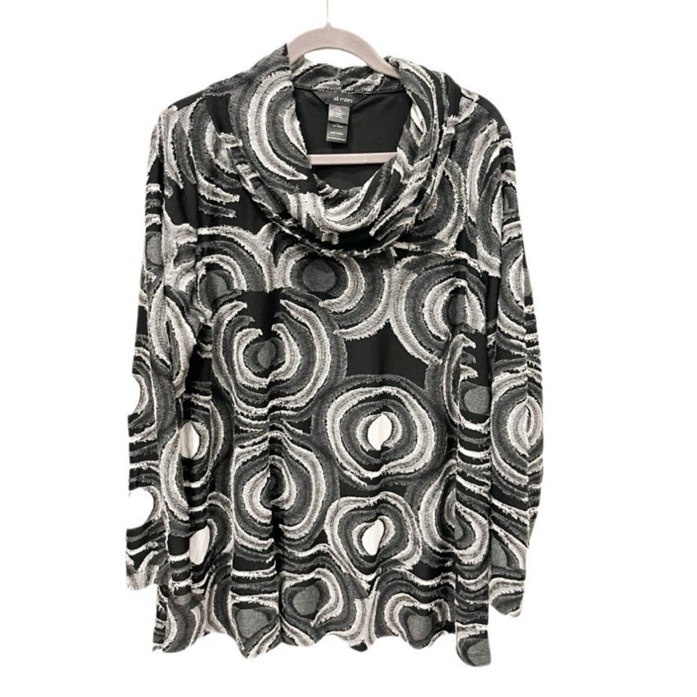 Ali Miles Black White Abstract Swirl Cowl Neck Textured Fringe Tunic Top 1X